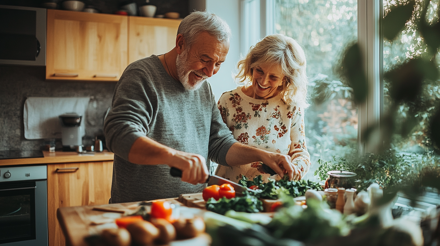 Щаслива пара готує здорову їжу